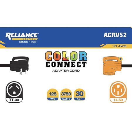 Reliance Controls Color Connect 10/3 SJTW 125 V 12 in. L Adapter Cord AC52RV